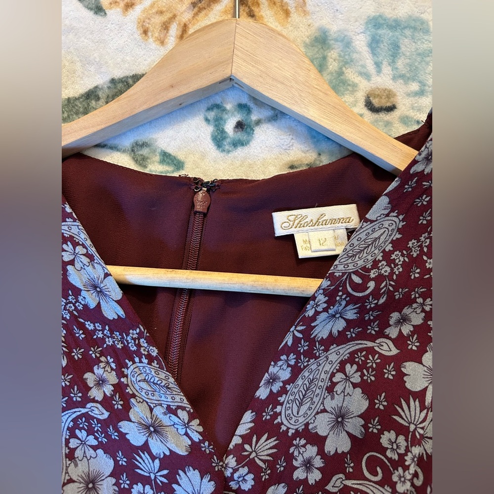 Shoshanna Burgundy and Blue Floral & Paisley Sharkbite Dress - Picture 6 of 12